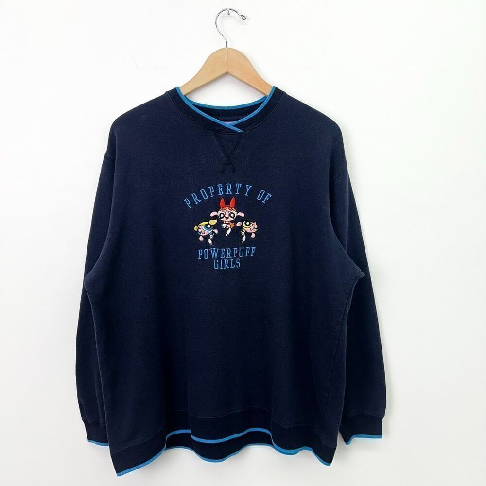 Cartoon Network Powerpuff Girls Vintage 2000 Y2K Navy Embroidered Crewneck Sweat
